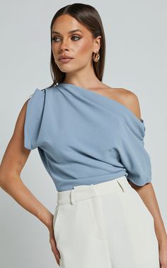 Nalfie Top - Asymmetrical Top in Pastel Blue | Showpo USA Pastel Blue Top Outfit, Powder Blue Fashion, Assymetrical Top Outfits, Baby Blue Top Outfit, Pastel Blue Outfit, Blue Top Outfit, Sky Blue Weddings, Recruitment Outfits, Light Blue Top