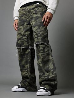 Straight Fit Raw Edge Layered Camouflage Jean Multicolor    Denim Plain,Camo,All Over Print Straight Leg Non-Stretch All Men Clothing, size features are:Bust: ,Length: ,Sleeve Length: Camouflage Jeans, Shoe Repair, Jeans Casual, Cargo Jeans, Men Clothing, Casual Shoes Women, Mens Denim, Raw Edge, Workout Shorts