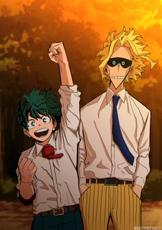 two anime characters standing next to each other with their arms in the air and one holding his fist up