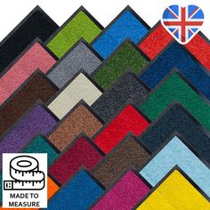 various colors and sizes of carpet with the british flag in the backgroung