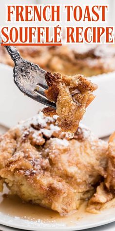 french toast souffle recipe on a white plate with a serving spoon in it