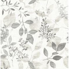 a white and gray floral wallpaper with leaves