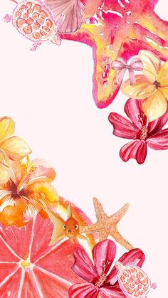 watercolor painting of flowers and starfish on white background