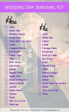 a wedding day survival checklist with flowers in a vase on the table and text overlaying it