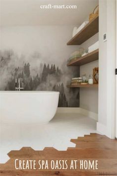 a white bath tub sitting next to a wooden shelf