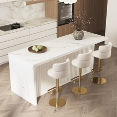 a modern kitchen with marble counter tops and gold accents, along with white stools