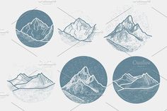 six mountain peaks in blue and white ink on a gray background, set of four different shapes