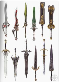 a bunch of different types of swords in various shapes and sizes on a white background