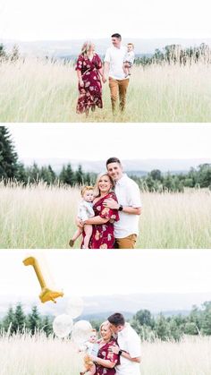 a couple and their baby are posing for pictures in the tall grass with some balloons