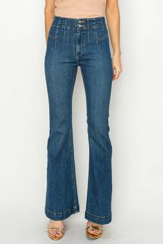 Love simple... these are the jeans for you! This jean features a comfortable stretch that is perfect to travel around the world in, head in the office or evening out. Straight flare, non distressed, med/dark trendy wash. Pair with your favorite ADC Top & Shoes for an ultra-chic look! FEATURES & FABRIC Medium/Dark Waist Detailing Standard Fly and pocket front High Rise Dart Detail Flare Modern Curvy No Distress Comfort Stretch: Medium stretch that’s equal parts comfort and vintage feel 98% Cotton