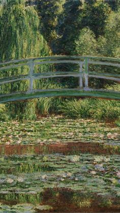 a painting of a bridge over a pond with water lilies