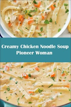 creamy chicken noodle soup in a white bowl