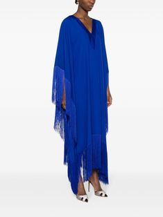 Find TALLER MARMO Very Rs Fringed Kaftan Dress on Editorialist. royal blue crepe texture satin trim fringe detailing kaftan silhouette plunging V-neck long draped sleeves V-back asymmetric hem long length unlined Fringe Kaftan Dress, Taller Marmo, Long Drapes, Draped Sleeves, Drape Sleeves, Kaftan Dress, Asymmetric Hem, Long Length, Blue Dresses