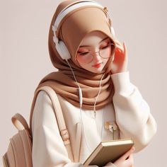 a woman in hijab and headphones is holding a book while listening to her earbuds