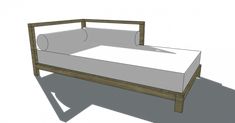 the bed frame is made from wood and has white sheets