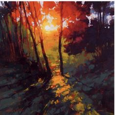 an oil painting of a path in the woods with trees and sun shining through it