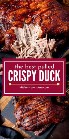 the best pulled crispy duck recipe on a platter with text overlay that reads, the best pulled crispy duck