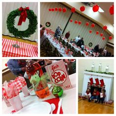 red and white decorations are on display at an event