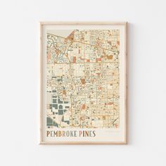 a framed map of the city of pembroke pines in brown and orange