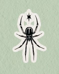 a black and white spider sitting on top of a green wall next to a star