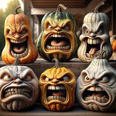 four pumpkins with faces and mouths carved into them