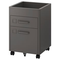 a gray filing cabinet on wheels with two drawers and one door open to reveal the bottom drawer