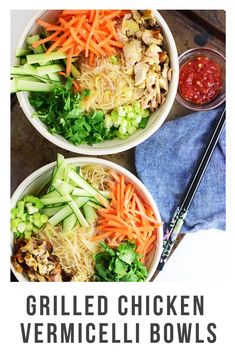 two bowls filled with vermiello and chicken salad