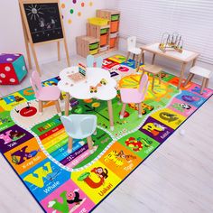 a child's playroom with colorful rugs and toys