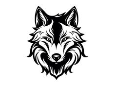 a black and white wolf head on a white background