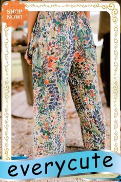 Multicolor Floral Print Shirred High Waist Wide Leg Casual Pants Green Floral Print Straight Leg Bottoms, Floral Print Bottoms For Fall Vacation, Floral Print Bottoms For Vacation In Fall, Fall Vacation Bottoms With Elastic Waistband, Multicolor Wide-leg Bottoms With Elastic Waistband, Multicolor Bottoms For Fall Vacation, Multicolor Long Pants With Elastic Waistband, Multicolor Fall Vacation Bottoms, Spring Multicolor Bottoms With Elastic Waistband