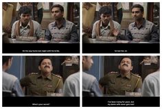 four different shots of a man in uniform talking to another man sitting at a table