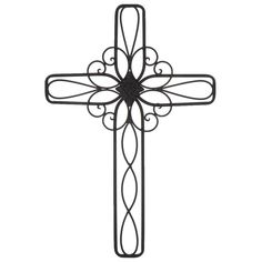 a metal cross with an intricate design on the front and back side, in black