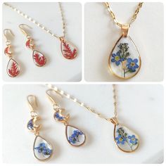 four different necklaces with flowers in them