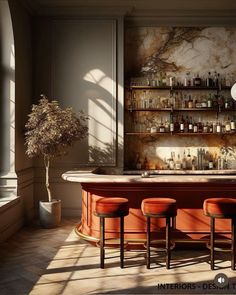 a bar with stools and bottles on the shelves in front of it, next to a potted plant