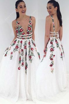 Floral Embroidery Plunging Neck Open Back Custom Prom Bridal Dress Prom Season Dresses With Floral Embroidery And Fitted Bodice, White Prom Gown With Floral Embroidery, Fitted A-line Gown With Floral Embroidery, White Floral Embroidered Prom Gown, White Floral Embroidery Prom Gown, Floral Embroidery Fitted Bodice Dress For Banquet, Fitted Floral Embroidery Dress For Banquet, Banquet Dress With Floral Embroidery And Fitted Bodice, Floral Embroidered Dress With Fitted Bodice For Banquets