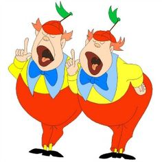 two cartoon characters with their mouths open and hands in the air, standing next to each other