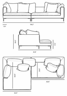 a drawing of a couch and ottoman with the measurements shown below it in black and white