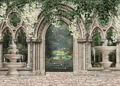 an artistic rendering of a garden with fountains and flowers on the wall, surrounded by ivy covered archways