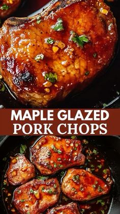 pork chops are being cooked in a skillet with the words maple glazed pork chops