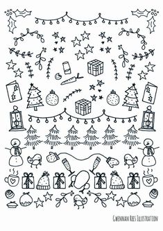 christmas doodles with presents, gifts and stars on them in black and white