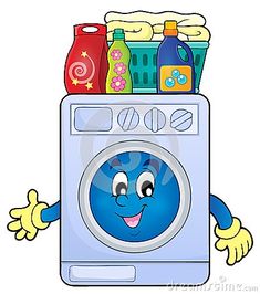 cartoon washing machine with laundry products on top