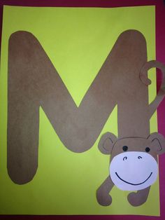 the letter m is for monkey and it has a paper cut out of it's face