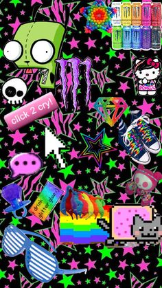 an image of stickers on a black background with stars and other things in it