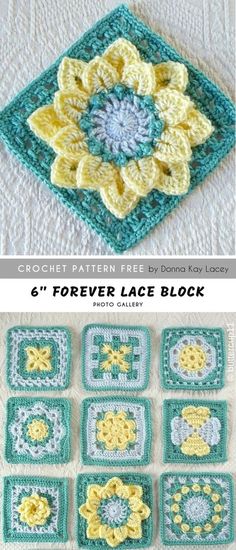 crochet pattern for a flower lace block with the text, 6 forever lace block