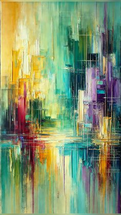 an abstract painting with lots of colors and lines on the canvas, it looks like they are