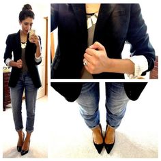 This woman posts all of her professional (and surprisingly affordable) outfits on her blog, along with where she bought the pieces. Awesome for business casual inspiration! by MarySeh Nice Causal Outfits, Outfits For Dinner, Office Business Casual, Affordable Outfits, Professional Outfit, Jeans Blazer, Fitted Jeans, Style Désinvolte Chic, Polished Casual