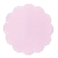 a pink and white checkered doily with scalloped edges on a white background