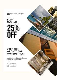 an advertisement for a hotel with pictures of the rooms and their price is 25 % off