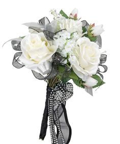 a bridal bouquet with white roses and black ribbon