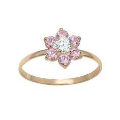 Ring Details: Width: 7.5 mm Size: 3 Metal: 14k gold Cubic Zirconia Details: Cut: round Color options: red & white, purple & white, pink & white Setting: prong  Gender: female. Age Group: kids. Gold Flower Ring, Man Made Diamonds, Wing Earrings, Rings For Girls, Pink Gemstones, Gold Flower, Delicate Rings, Flower Ring, Gold Flowers